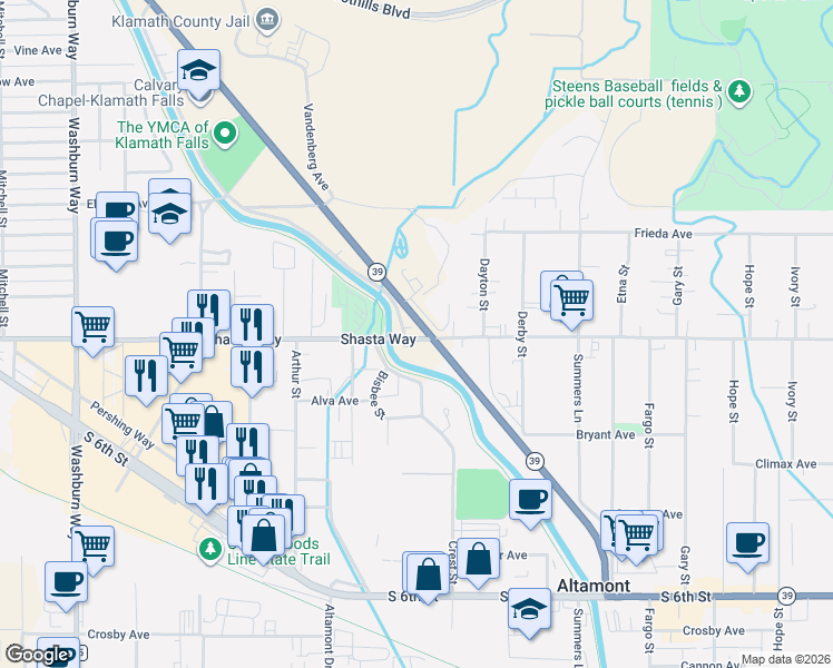 map of restaurants, bars, coffee shops, grocery stores, and more near 1455 South Alameda Avenue in Klamath Falls