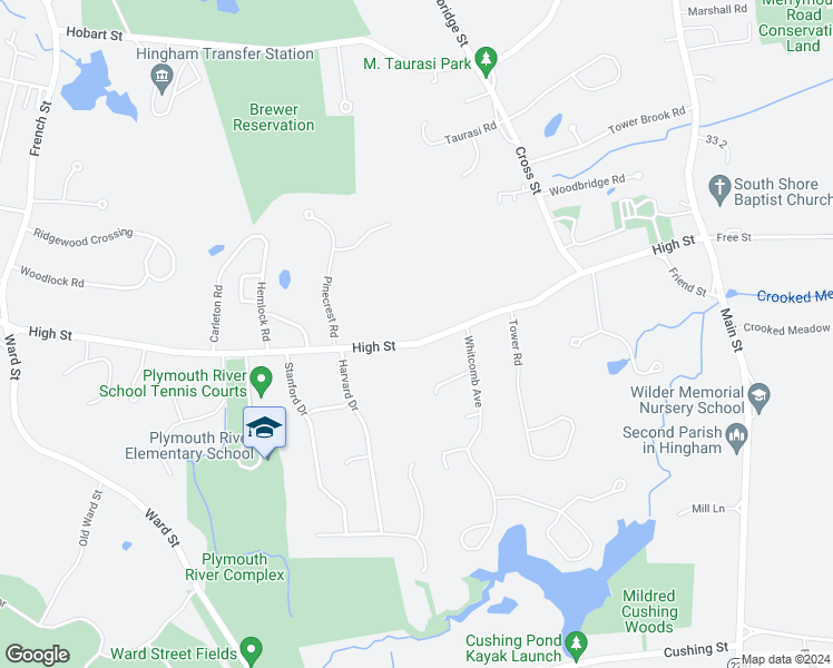 map of restaurants, bars, coffee shops, grocery stores, and more near 139 High Street in Hingham