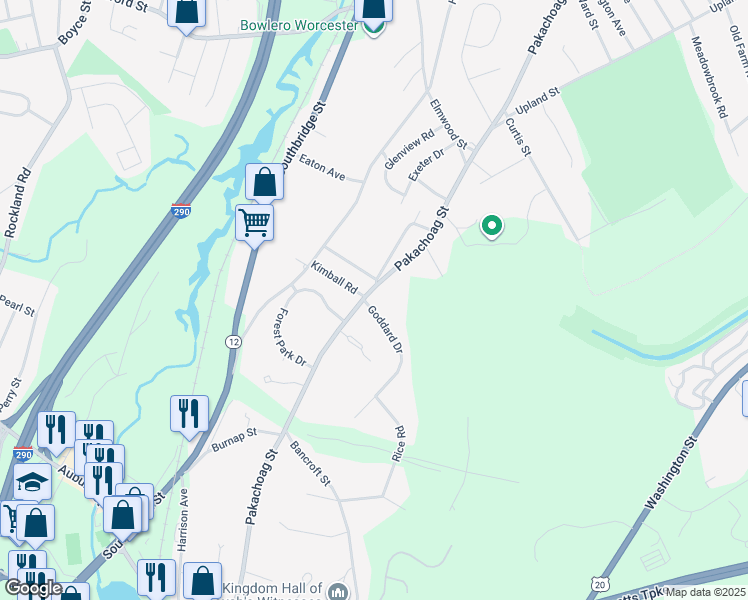 map of restaurants, bars, coffee shops, grocery stores, and more near 232 Pakachoag Street in Auburn