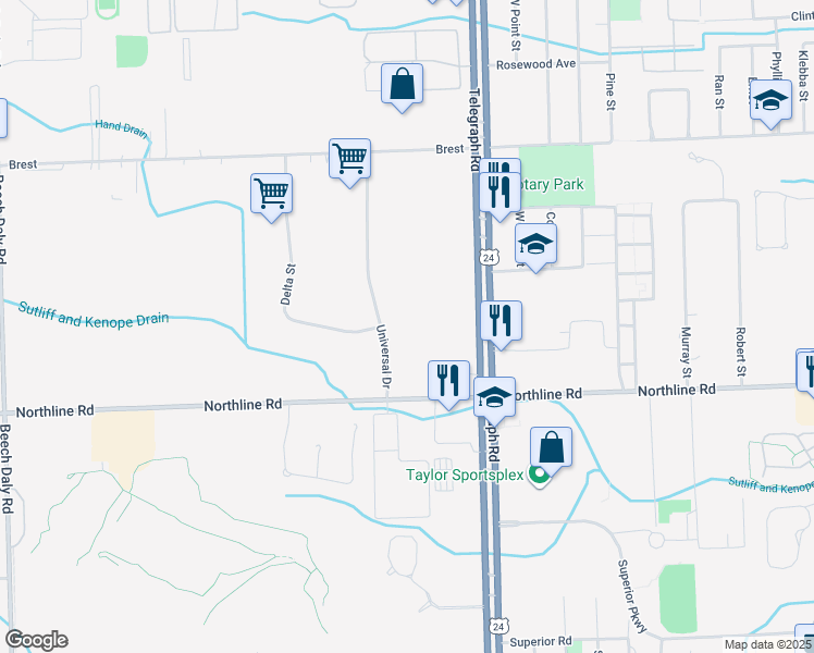 map of restaurants, bars, coffee shops, grocery stores, and more near 12717 Universal Drive in Taylor
