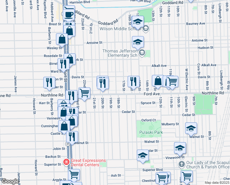 map of restaurants, bars, coffee shops, grocery stores, and more near 1881 19th Street in Wyandotte