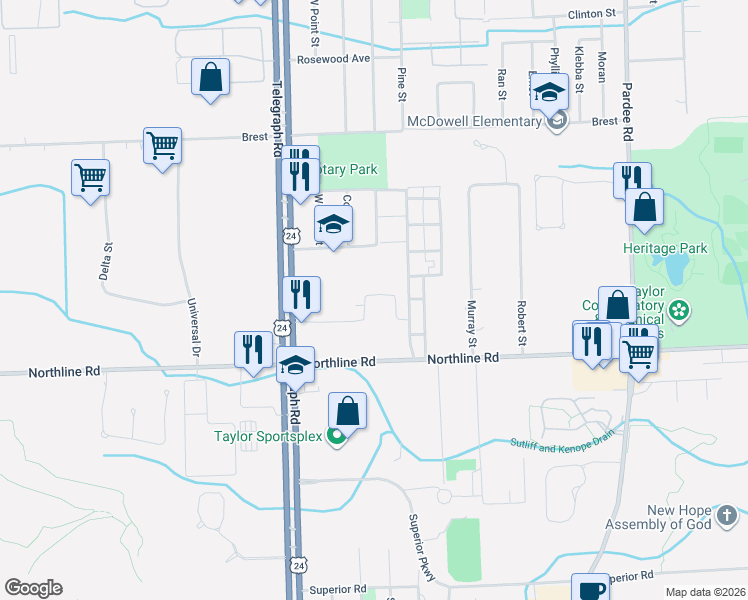 map of restaurants, bars, coffee shops, grocery stores, and more near 23726 Northstone Village Drive in Taylor
