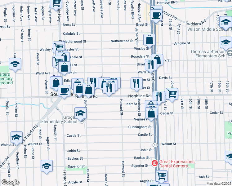 map of restaurants, bars, coffee shops, grocery stores, and more near 13297 Callender Street in Southgate