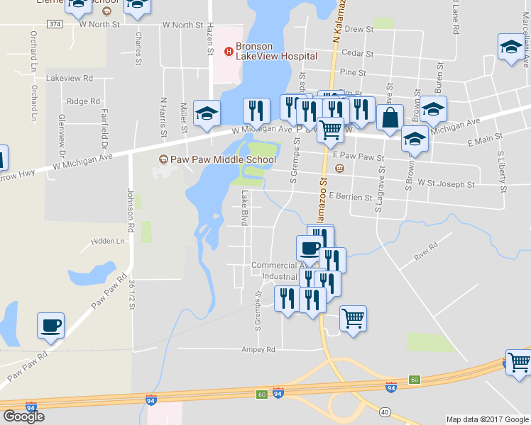 map of restaurants, bars, coffee shops, grocery stores, and more near 129 Tulip Street in Paw Paw
