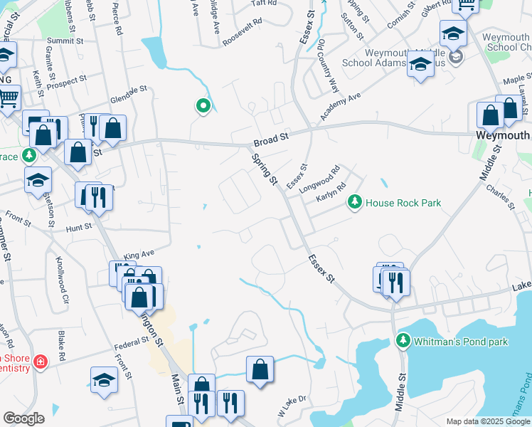 map of restaurants, bars, coffee shops, grocery stores, and more near 149 Springvale Circle in Weymouth