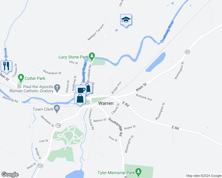 map of restaurants, bars, coffee shops, grocery stores, and more near 65 Winthrop Terrace in Warren