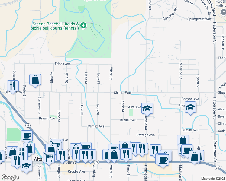 map of restaurants, bars, coffee shops, grocery stores, and more near 1647 Wiard Street in Klamath Falls
