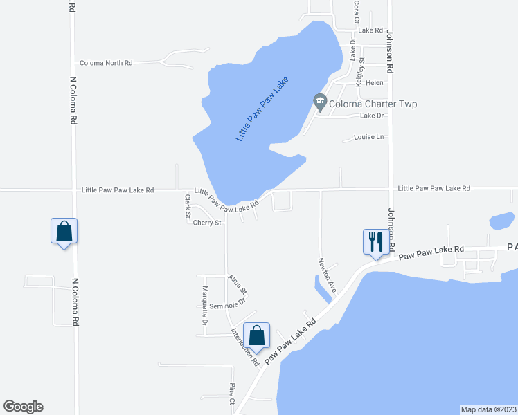 map of restaurants, bars, coffee shops, grocery stores, and more near 6974 Little Paw Paw Lake Road in Coloma