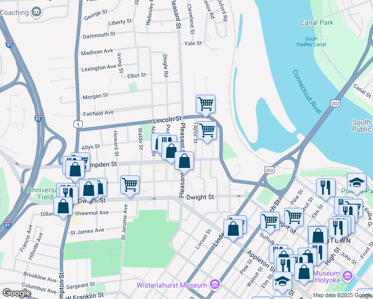 map of restaurants, bars, coffee shops, grocery stores, and more near 67-69 Taylor Street in Holyoke