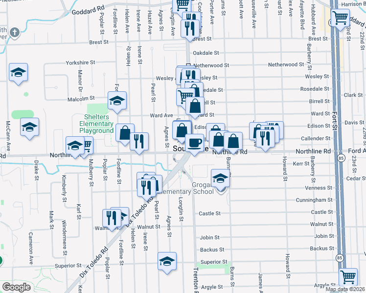 map of restaurants, bars, coffee shops, grocery stores, and more near in Southgate