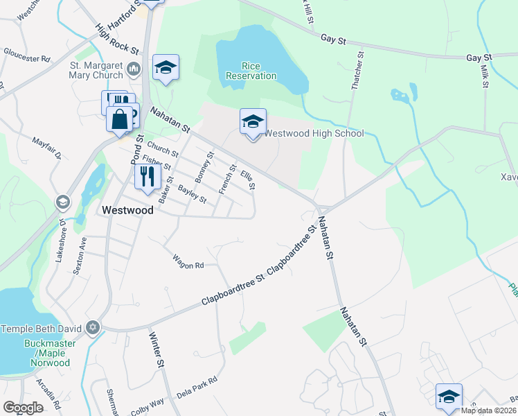 map of restaurants, bars, coffee shops, grocery stores, and more near 136 Ellis Street in Westwood