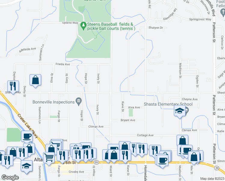 map of restaurants, bars, coffee shops, grocery stores, and more near 1639 Wiard Street in Klamath Falls
