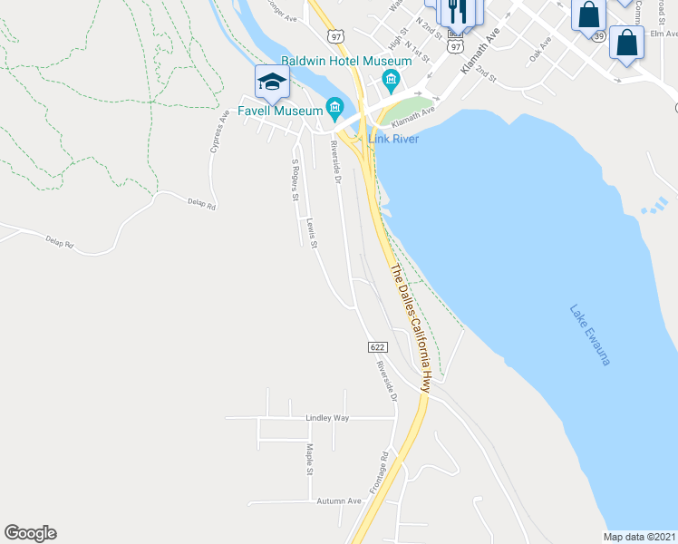 map of restaurants, bars, coffee shops, grocery stores, and more near 570 Riverside Drive in Klamath Falls