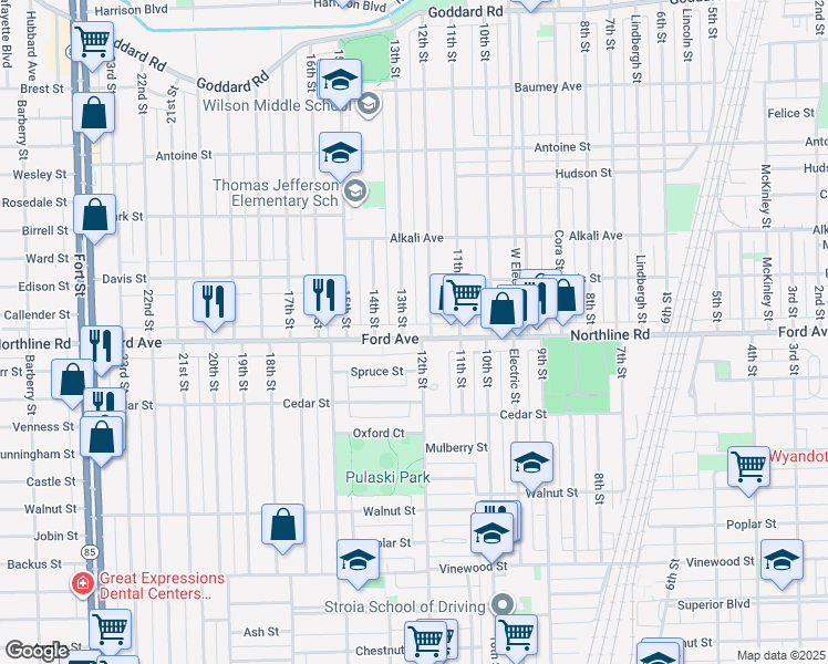 map of restaurants, bars, coffee shops, grocery stores, and more near 1861 12th Street in Wyandotte