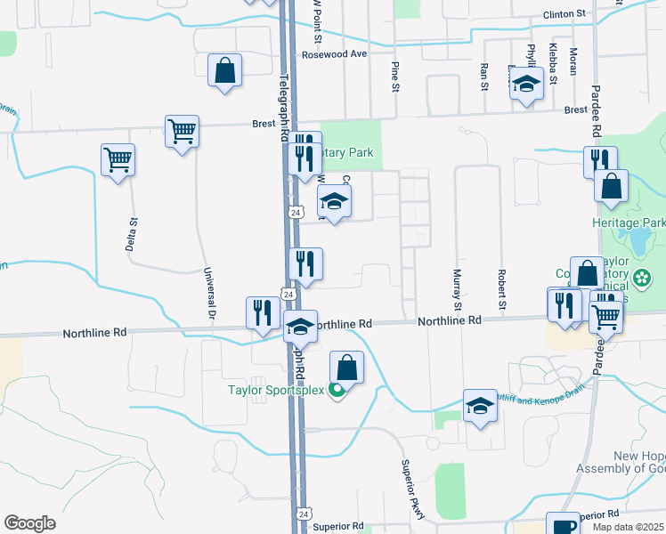 map of restaurants, bars, coffee shops, grocery stores, and more near 12575 Telegraph Road in Taylor