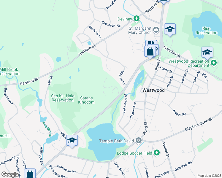 map of restaurants, bars, coffee shops, grocery stores, and more near 1123 Highland Glen Road in Westwood