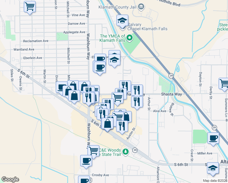 map of restaurants, bars, coffee shops, grocery stores, and more near 2747-2909 Shasta Way in Klamath Falls