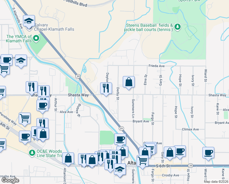 map of restaurants, bars, coffee shops, grocery stores, and more near 3941 Shasta Way in Klamath Falls