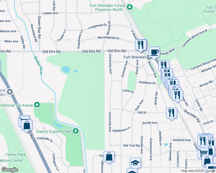 map of restaurants, bars, coffee shops, grocery stores, and more near 724 College Place in Highland Park
