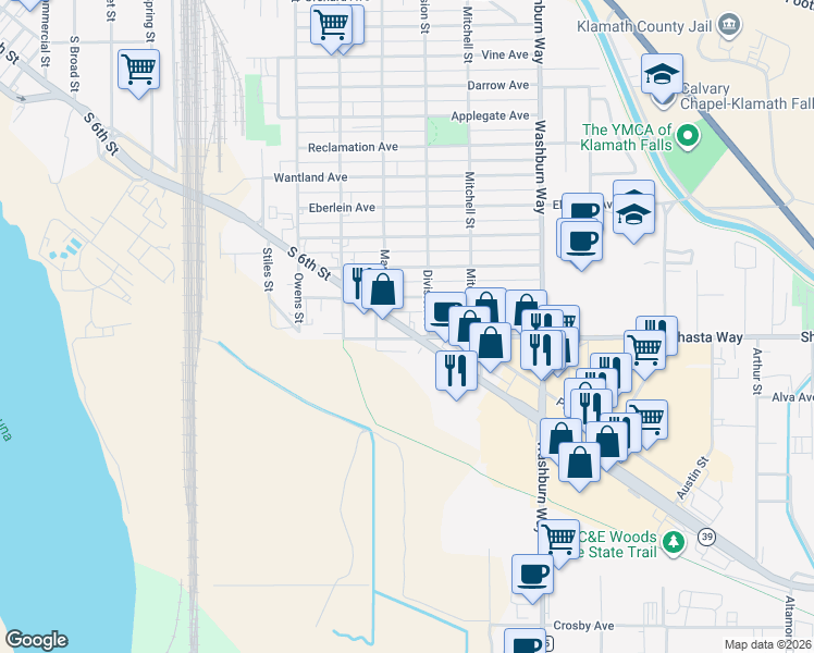 map of restaurants, bars, coffee shops, grocery stores, and more near 2237 S 6th St in Klamath Falls