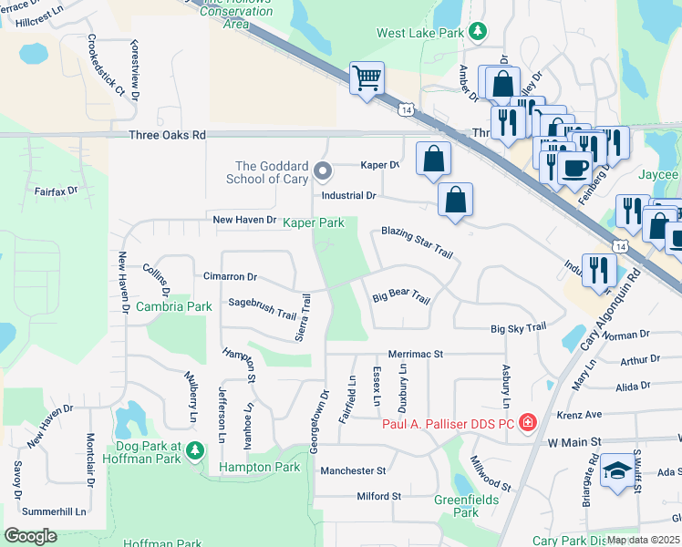 map of restaurants, bars, coffee shops, grocery stores, and more near 420 Georgetown Drive in Cary