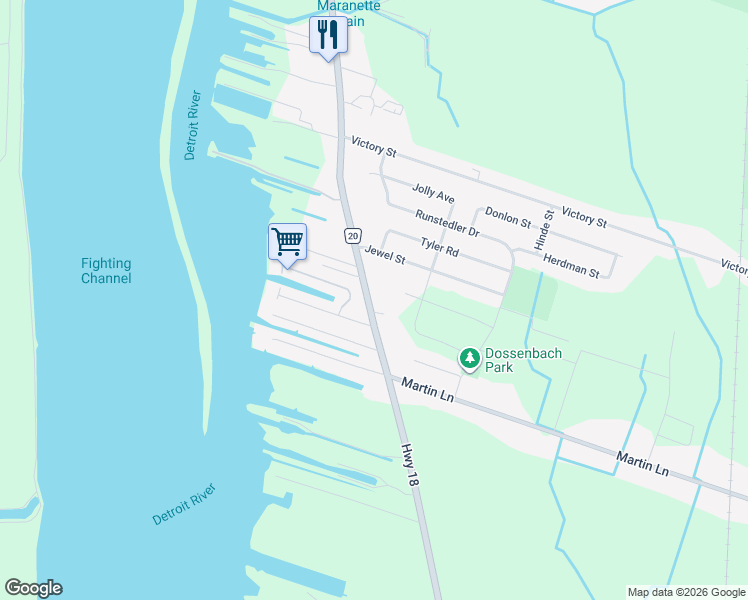 map of restaurants, bars, coffee shops, grocery stores, and more near 2537 Front Road in Windsor