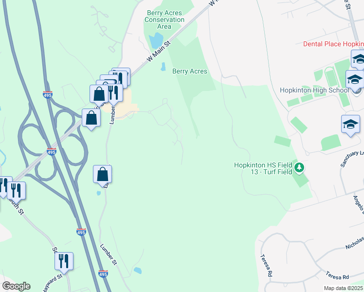 map of restaurants, bars, coffee shops, grocery stores, and more near Revolutionary Way in Hopkinton