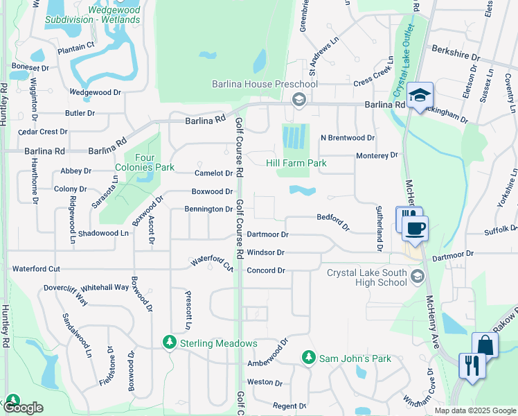 map of restaurants, bars, coffee shops, grocery stores, and more near 963 Golf Course Road in Crystal Lake