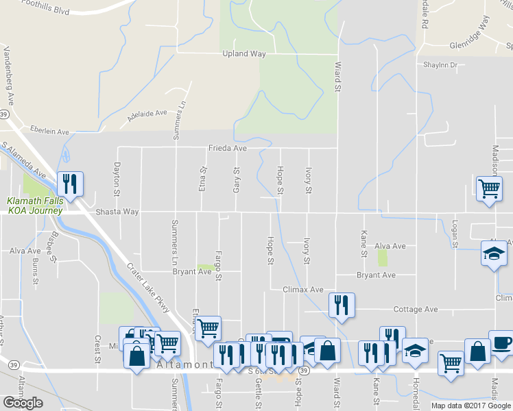 map of restaurants, bars, coffee shops, grocery stores, and more near 4545 Shasta Way in Klamath Falls