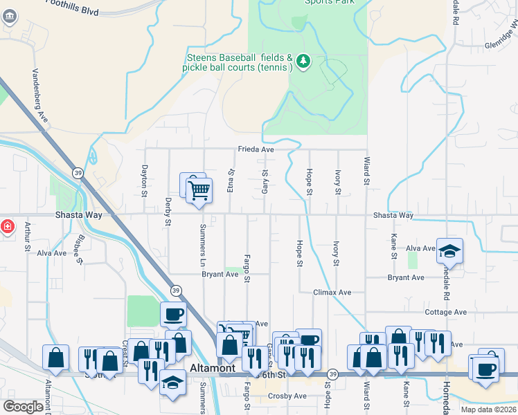 map of restaurants, bars, coffee shops, grocery stores, and more near 4423 Shasta Way in Klamath Falls