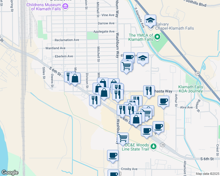 map of restaurants, bars, coffee shops, grocery stores, and more near 2501 Shasta Way in Klamath Falls