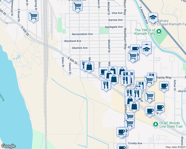 map of restaurants, bars, coffee shops, grocery stores, and more near 2237 South 6th Street in Klamath Falls