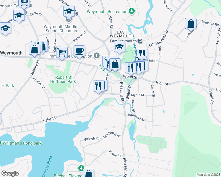 map of restaurants, bars, coffee shops, grocery stores, and more near 27 Shawmut Avenue in Weymouth