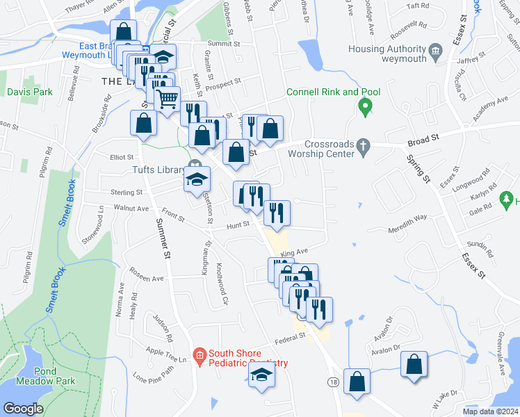 map of restaurants, bars, coffee shops, grocery stores, and more near 76 Vine Street in Weymouth