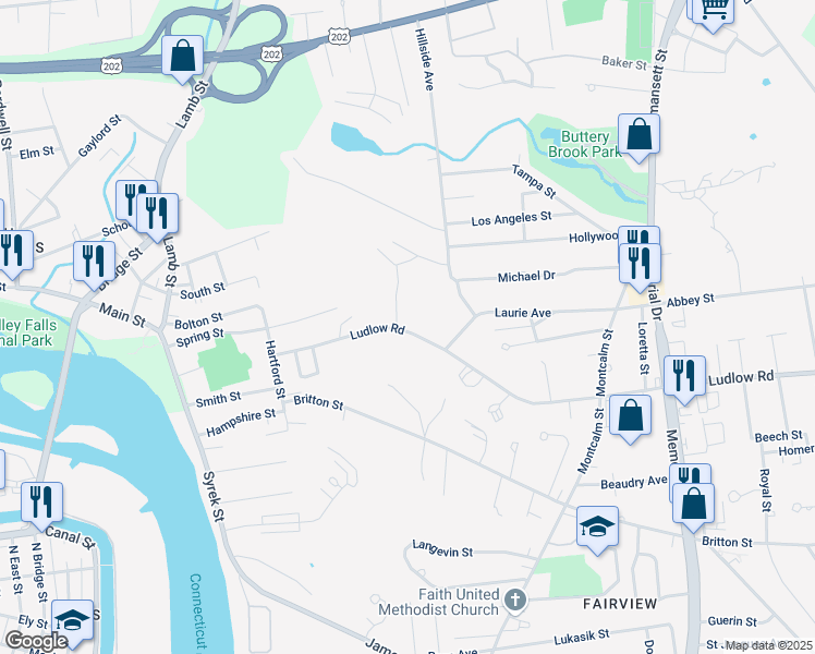 map of restaurants, bars, coffee shops, grocery stores, and more near 18-50 Ludlow Rd in South Hadley