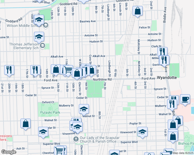 map of restaurants, bars, coffee shops, grocery stores, and more near 1876 8th Street in Wyandotte