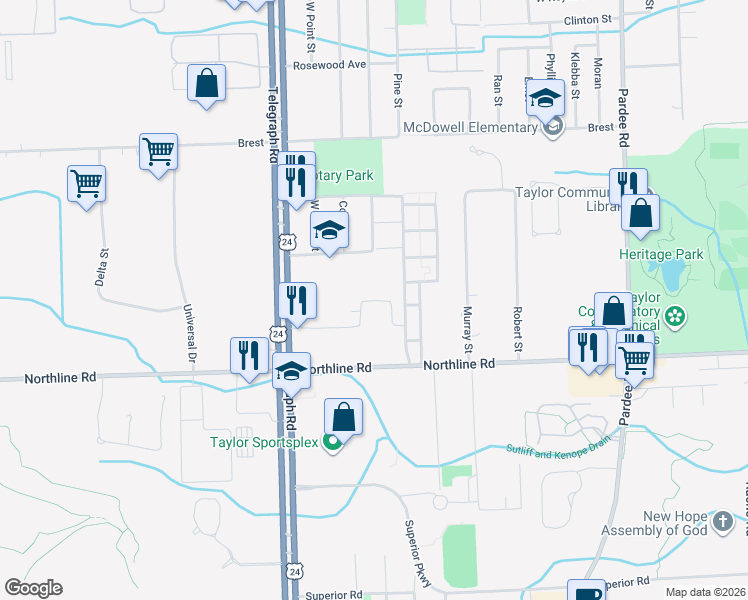 map of restaurants, bars, coffee shops, grocery stores, and more near 23726 Northstone Village Drive in Taylor
