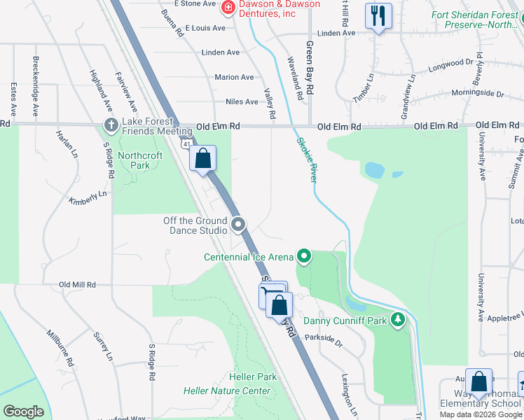 map of restaurants, bars, coffee shops, grocery stores, and more near 3404 Old Mill Road North in Highland Park