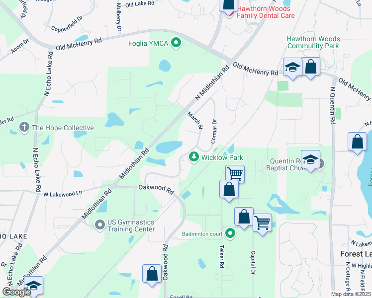 map of restaurants, bars, coffee shops, grocery stores, and more near 967 March Street in Lake Zurich