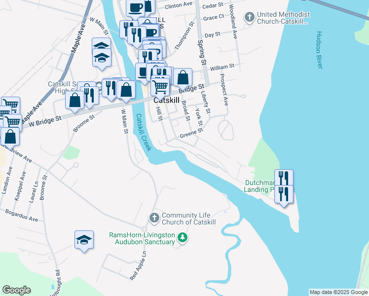 map of restaurants, bars, coffee shops, grocery stores, and more near 12 Greene Street in Catskill