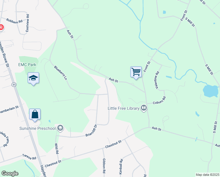 map of restaurants, bars, coffee shops, grocery stores, and more near 3 Thayer Heights Road in Hopkinton
