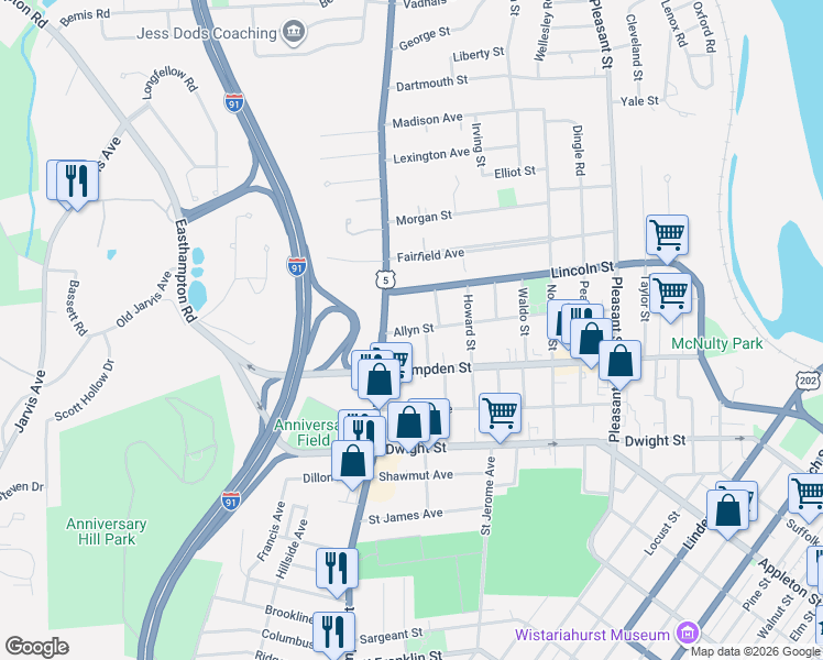 map of restaurants, bars, coffee shops, grocery stores, and more near 203 Allyn St in Holyoke