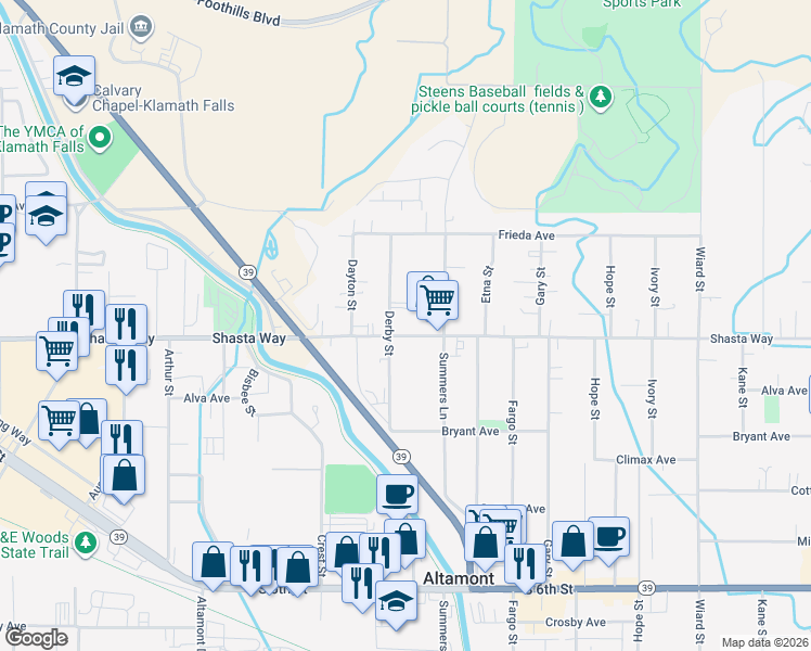 map of restaurants, bars, coffee shops, grocery stores, and more near 4005 Shasta Way in Klamath Falls