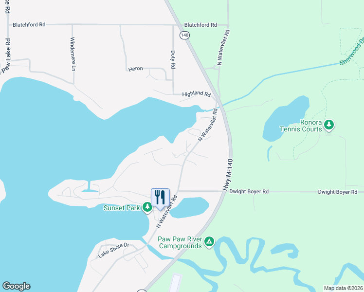 map of restaurants, bars, coffee shops, grocery stores, and more near 5632 North Watervliet Road in Watervliet