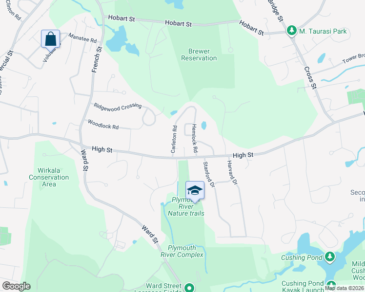 map of restaurants, bars, coffee shops, grocery stores, and more near 203 High Street in Hingham