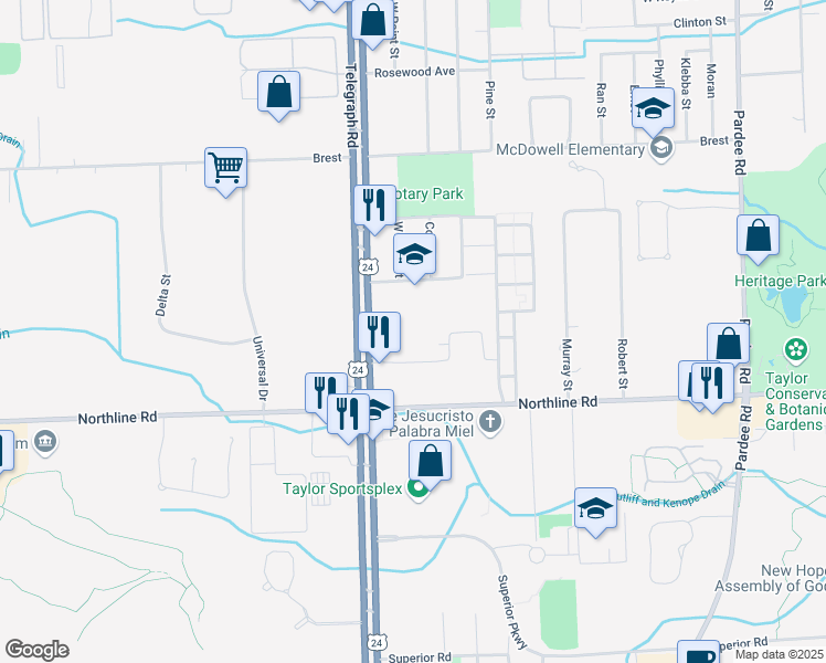 map of restaurants, bars, coffee shops, grocery stores, and more near 12575 Telegraph Road in Taylor