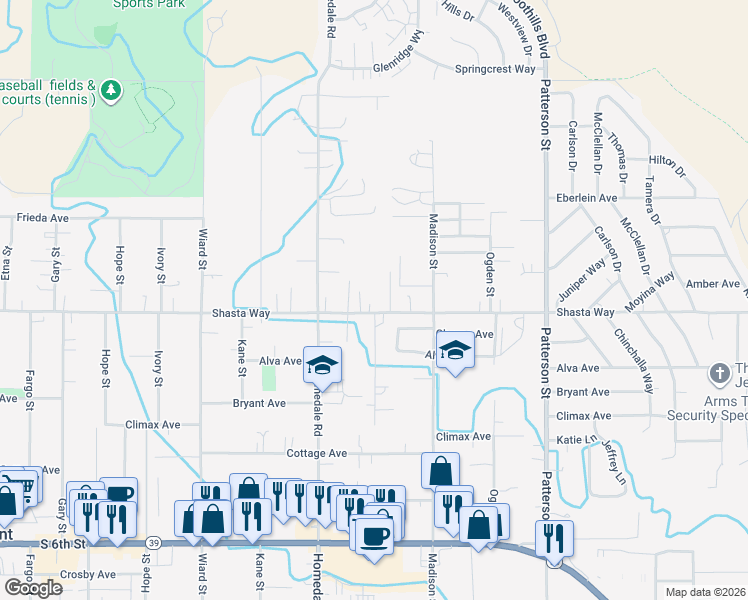 map of restaurants, bars, coffee shops, grocery stores, and more near 5575 Shasta Way in Klamath Falls