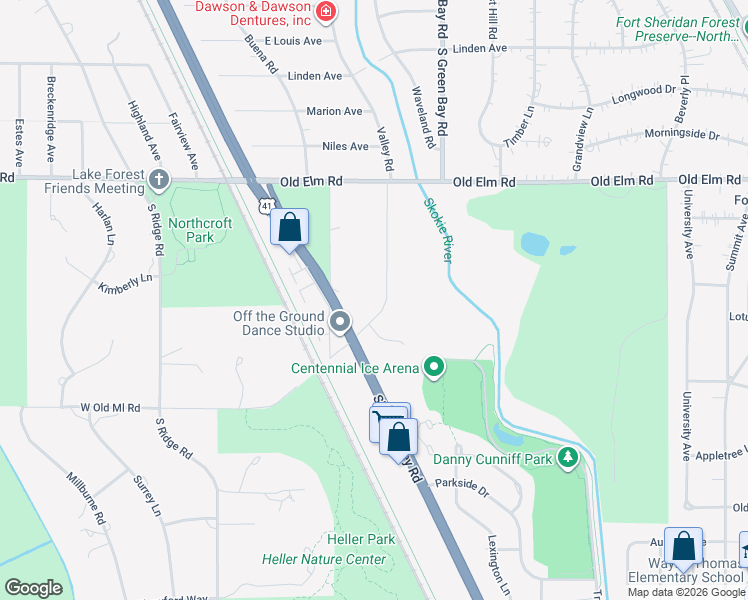 map of restaurants, bars, coffee shops, grocery stores, and more near 3404 Old Mill Road North in Highland Park