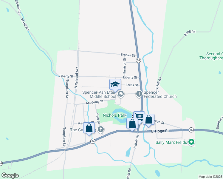 map of restaurants, bars, coffee shops, grocery stores, and more near 20 Nichols St in Spencer