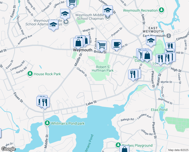 map of restaurants, bars, coffee shops, grocery stores, and more near 64 Charles Street in Weymouth